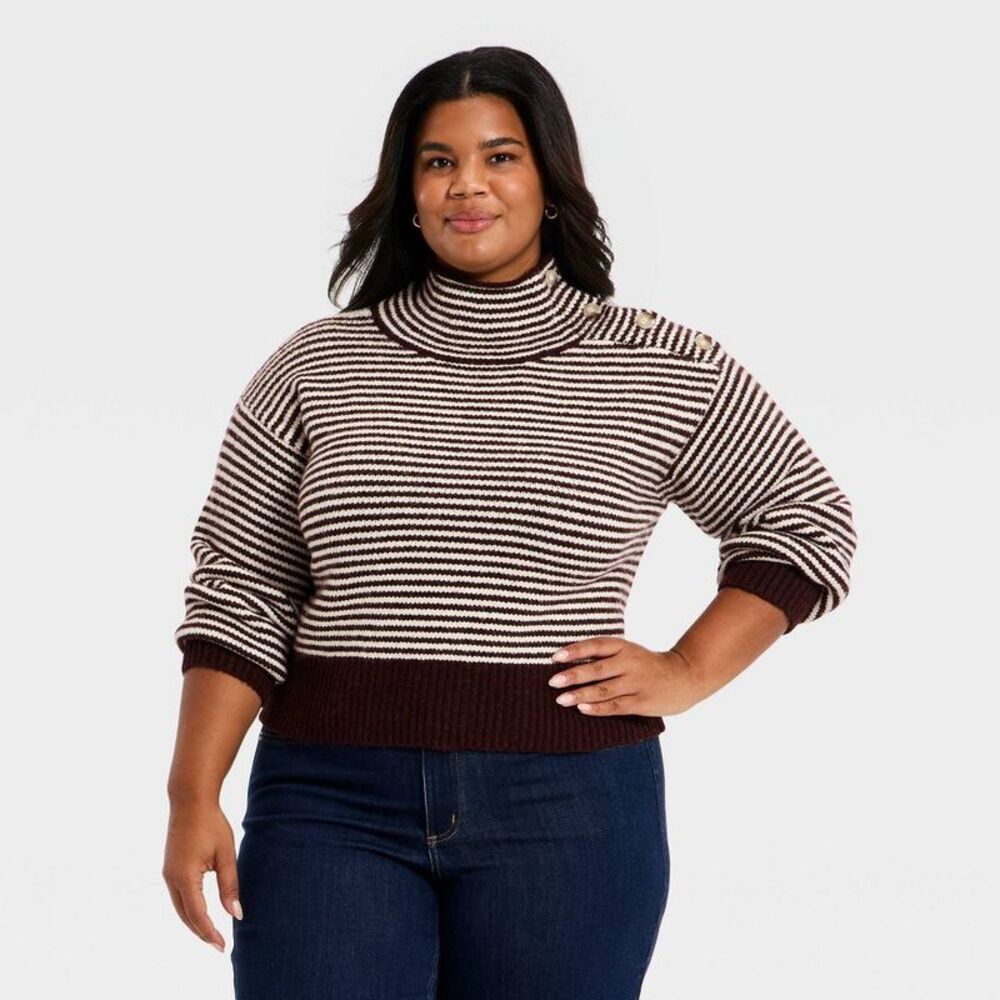 Women's Mock Turtleneck Button Pullover Sweater - Burgundy Striped XXL